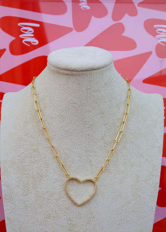 PAPERCLIP LINK COLLAR NKLC W/PAVE HEART - GOLD