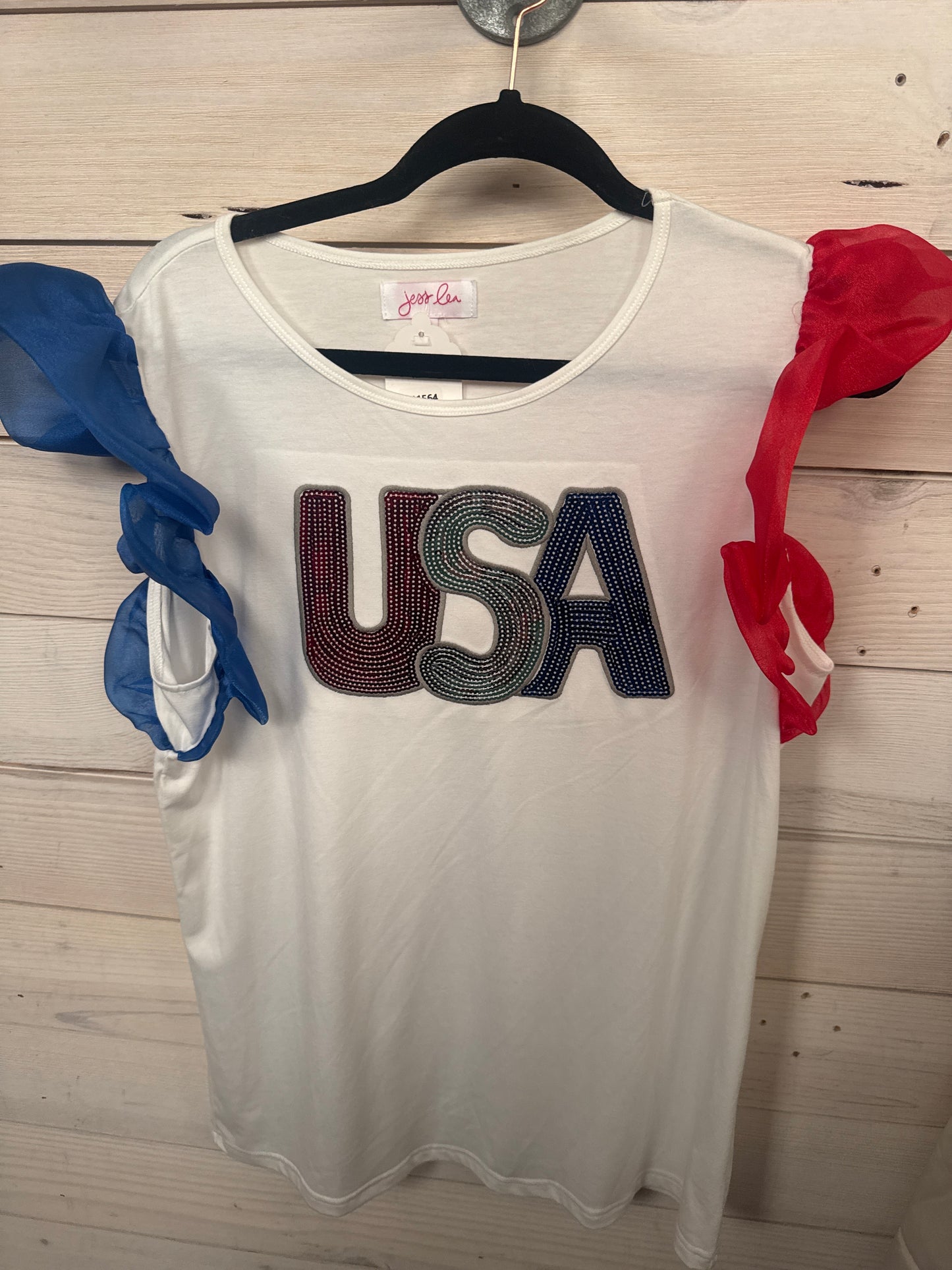 WHITE USA TEE WITH RED & BLUE FLUTTER SLEEVES