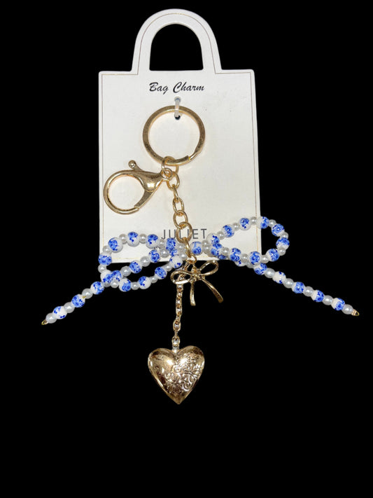 BAG CHARM KEYCHAIN W/GOLD HEART AND BLUE FLORAL BEADED BOW
