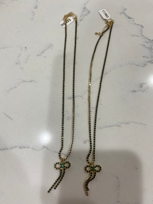 GREEN RHINESTONE GOLD CHAIN NECKLACE W/BOW