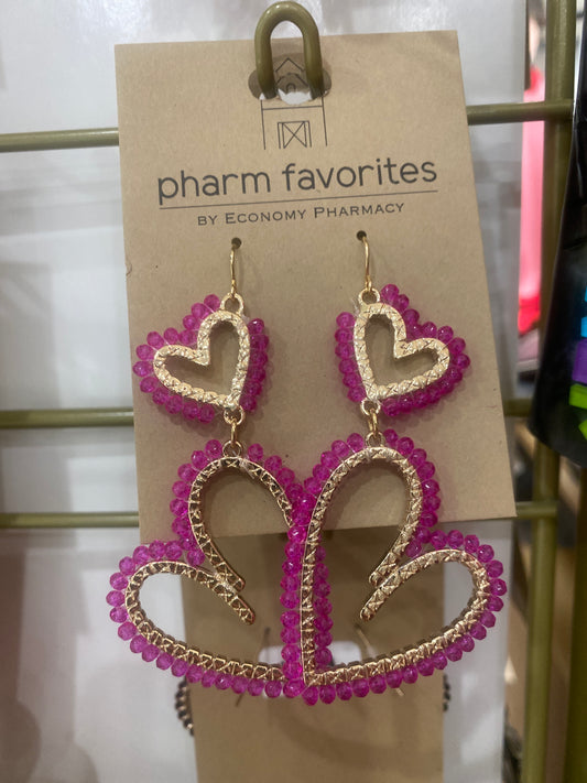 DOUBLE THE LOVE HEART EARRINGS - HOT PINK