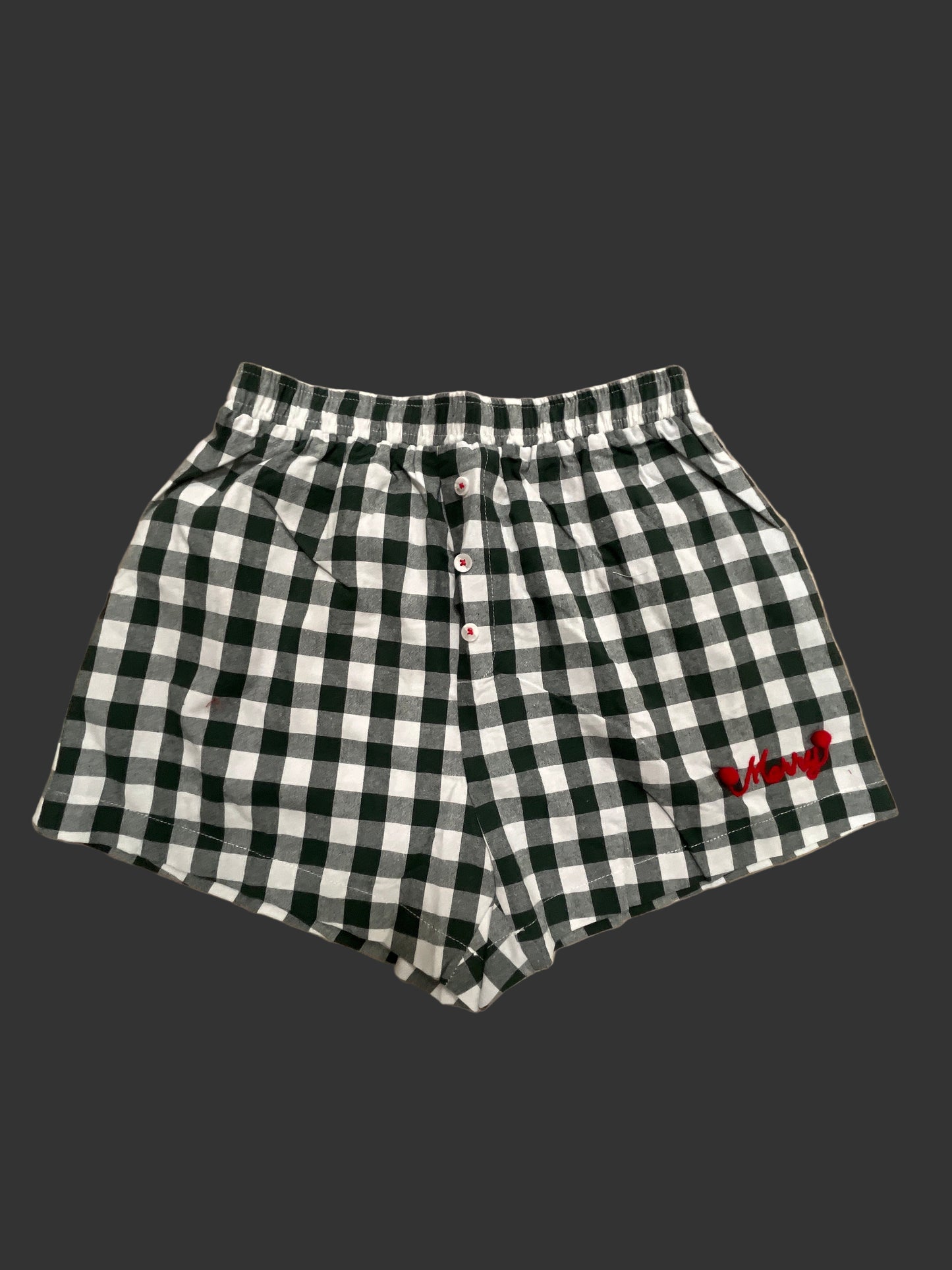 HUNTER GREEN GINGHAM SHORTS - MERRY W/POM POM BALL