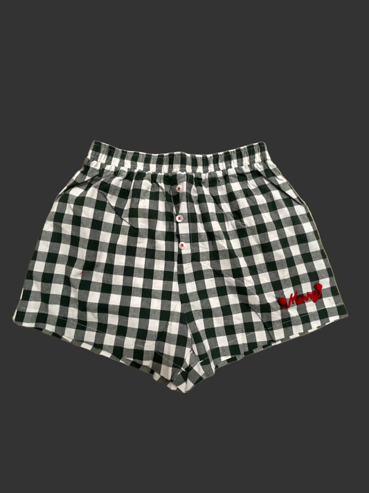 HUNTER GREEN GINGHAM SHORTS - MERRY W/POM POM BALL