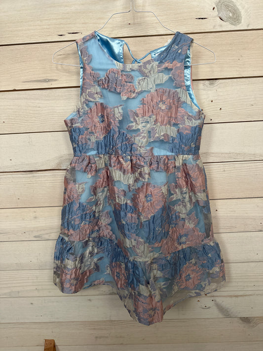 DUSTY BLUE DRESS W/IVORY AND DUSTY PINK FLORAL DETAIL
