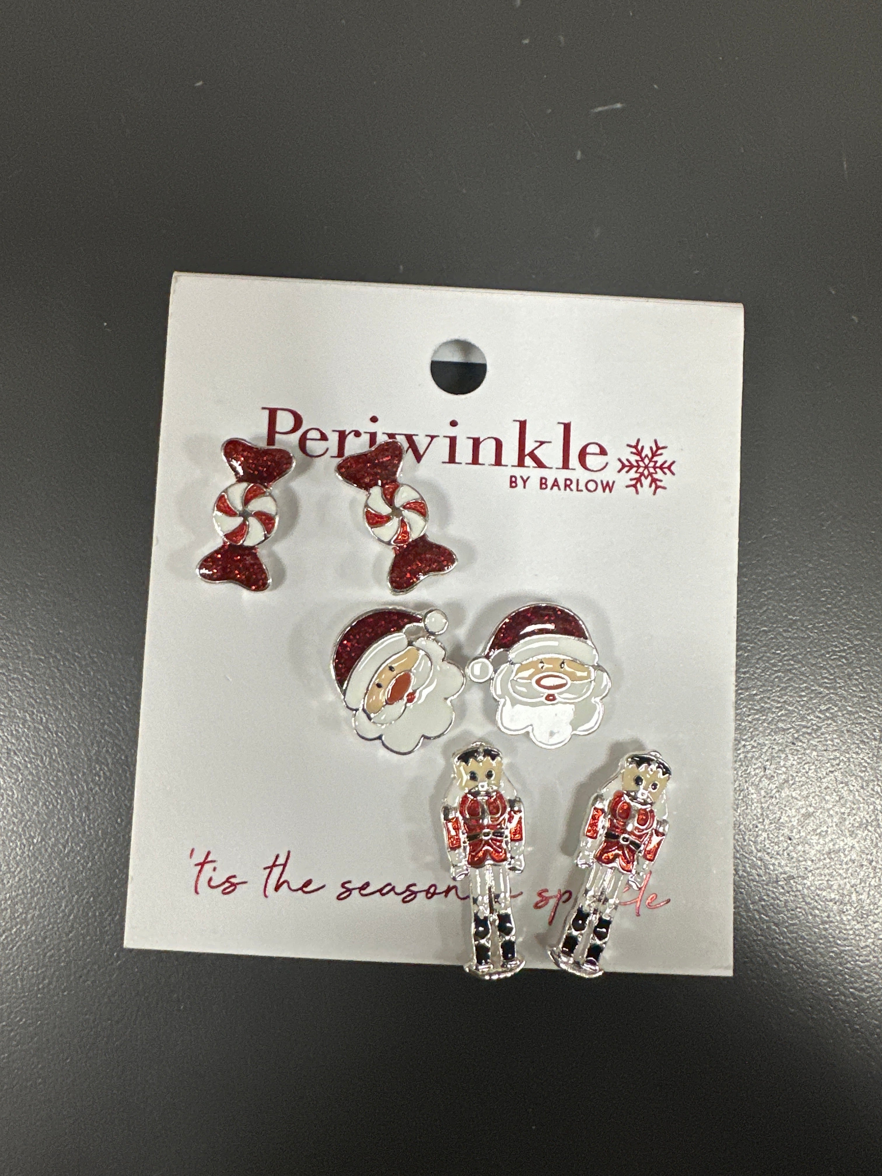 SET OF 3 STUD EARRINGS PEPPERMINT/SANTA/NUTCRACKER