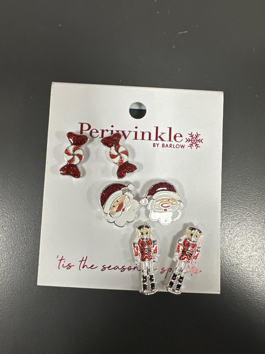 SET OF 3 STUD EARRINGS PEPPERMINT/SANTA/NUTCRACKER