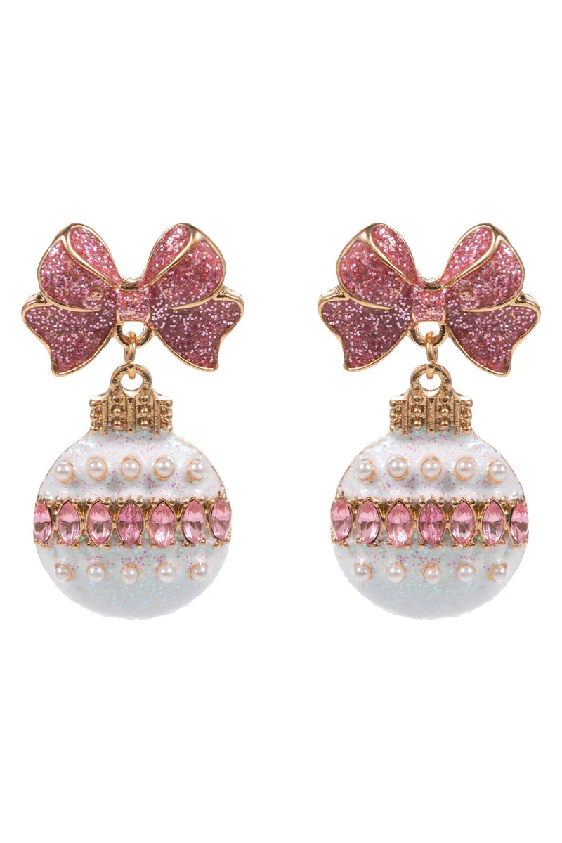 Pink and White Rhinestone Bow and Ornament Christmas 1.5" Earring