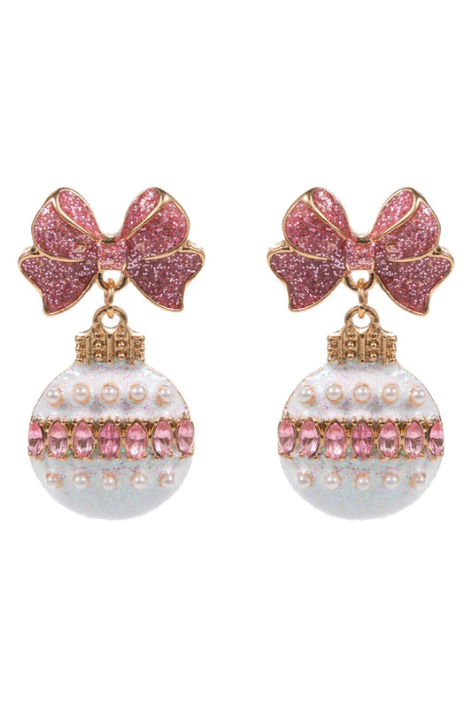 Pink and White Rhinestone Bow and Ornament Christmas 1.5" Earring