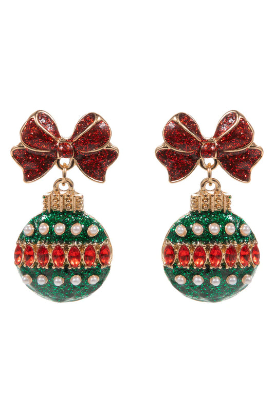 Red and Green Rhinestone Bow and Ornament Christmas 1.5" Earring