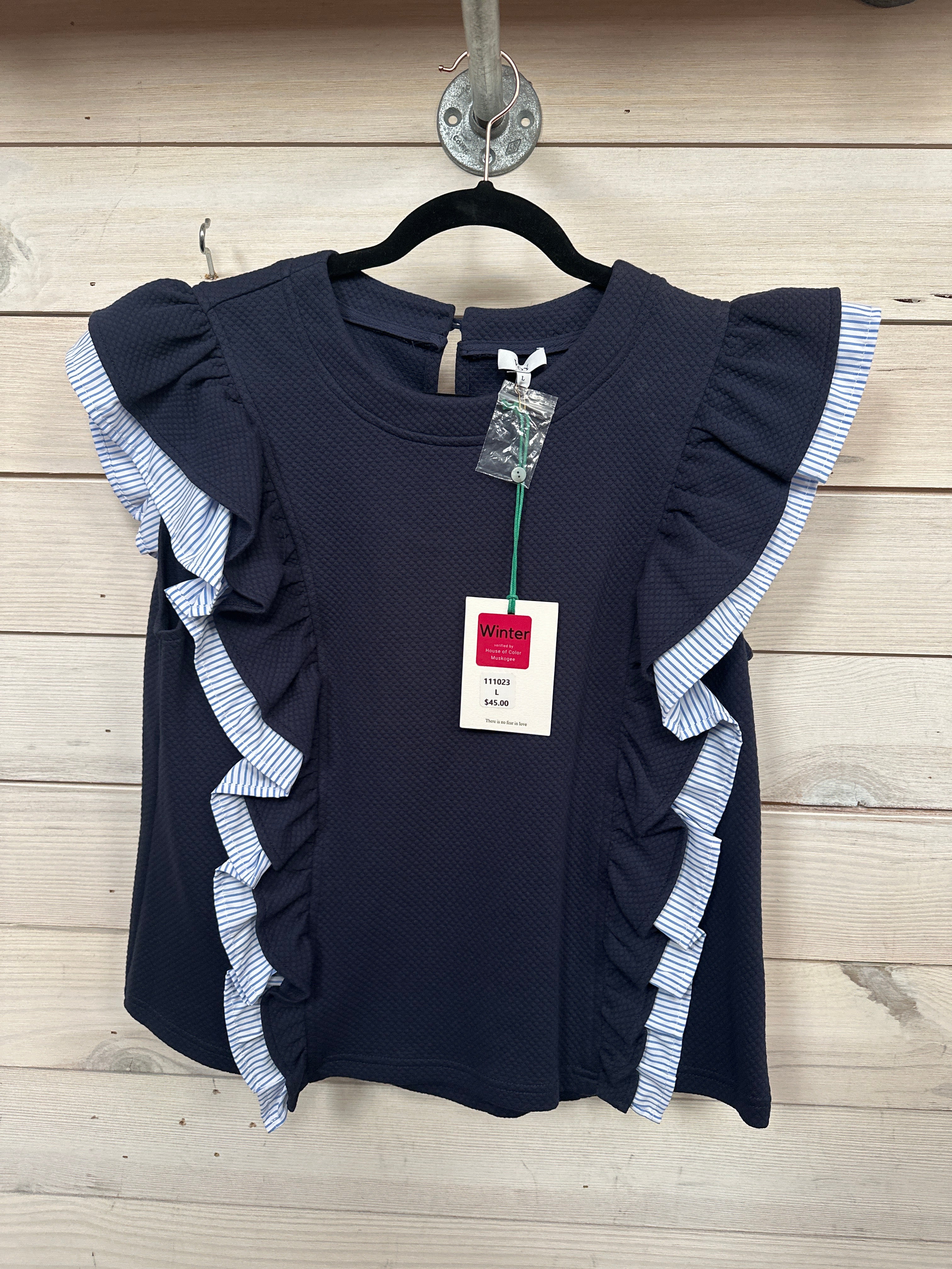 NAVY BLOUSE W STRIPE SLEEVE DETAIL