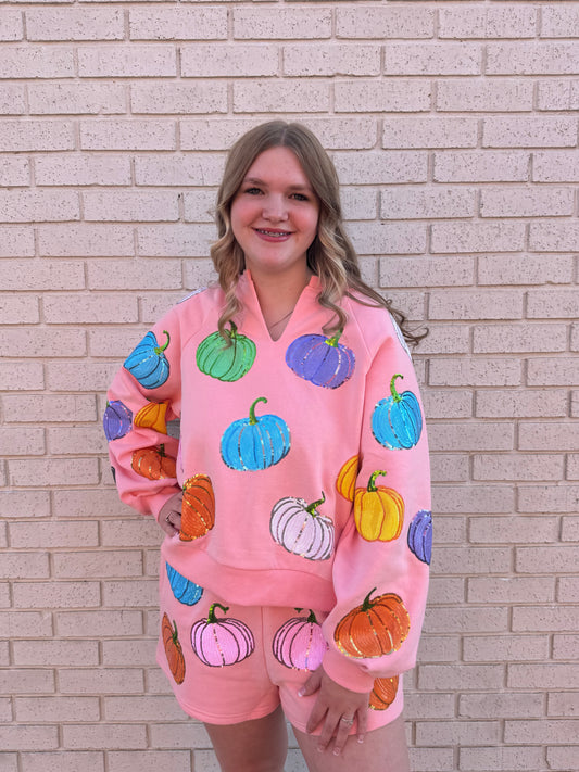 LIGHT PINK MULTI PUMPKIN SWEATSHIRT AND SHORTS SET