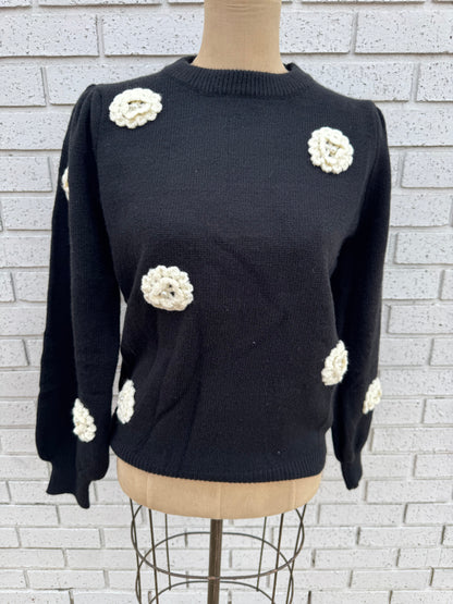 Black Sweater with White Flowers and Pearl Accents