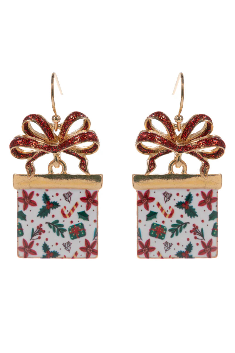 Multi Red/Green/White Color Coated Metal Present Christmas 1.5" Earring