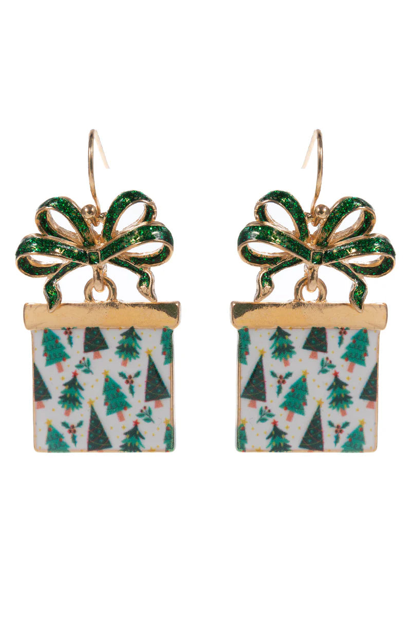 Green/White Color Coated Metal Present Christmas 1.5" Earring