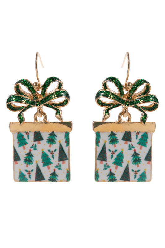 Green/White Color Coated Metal Present Christmas 1.5" Earring