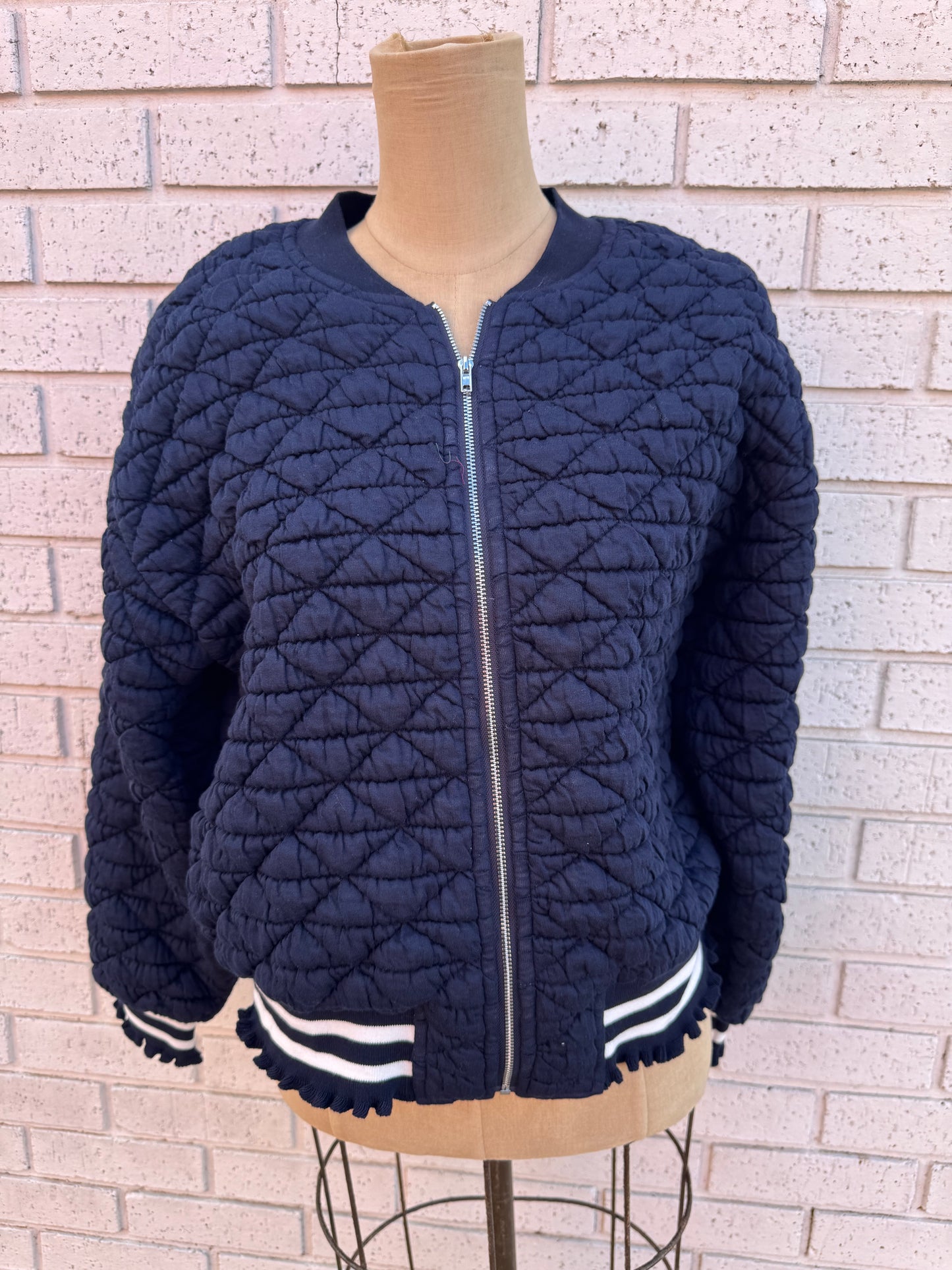 Navy Blue Quilted Bomber Jacket