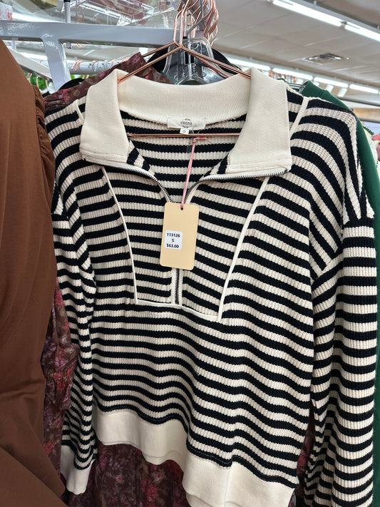 CREAM/BLACK STRIPE HALF ZIP PULLOVER