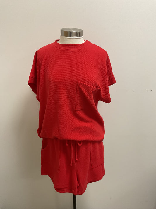RED 2PC CLOUDY KNIT SHORT SLEEVE TOP & SHORTS SET