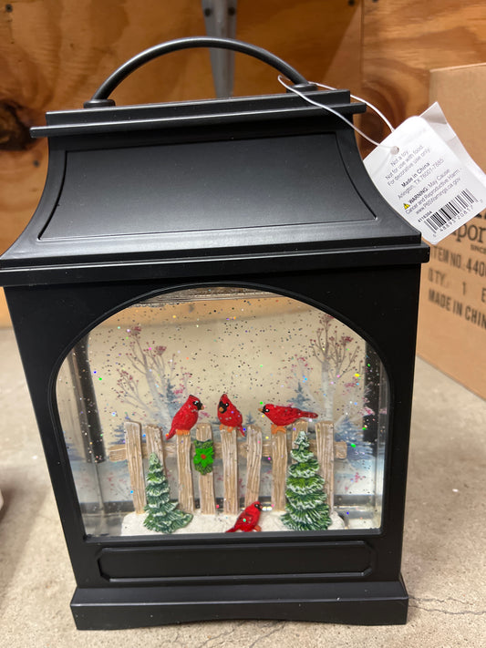 CARDINALS ON A FENCE BLACK GLITTER LANTERN