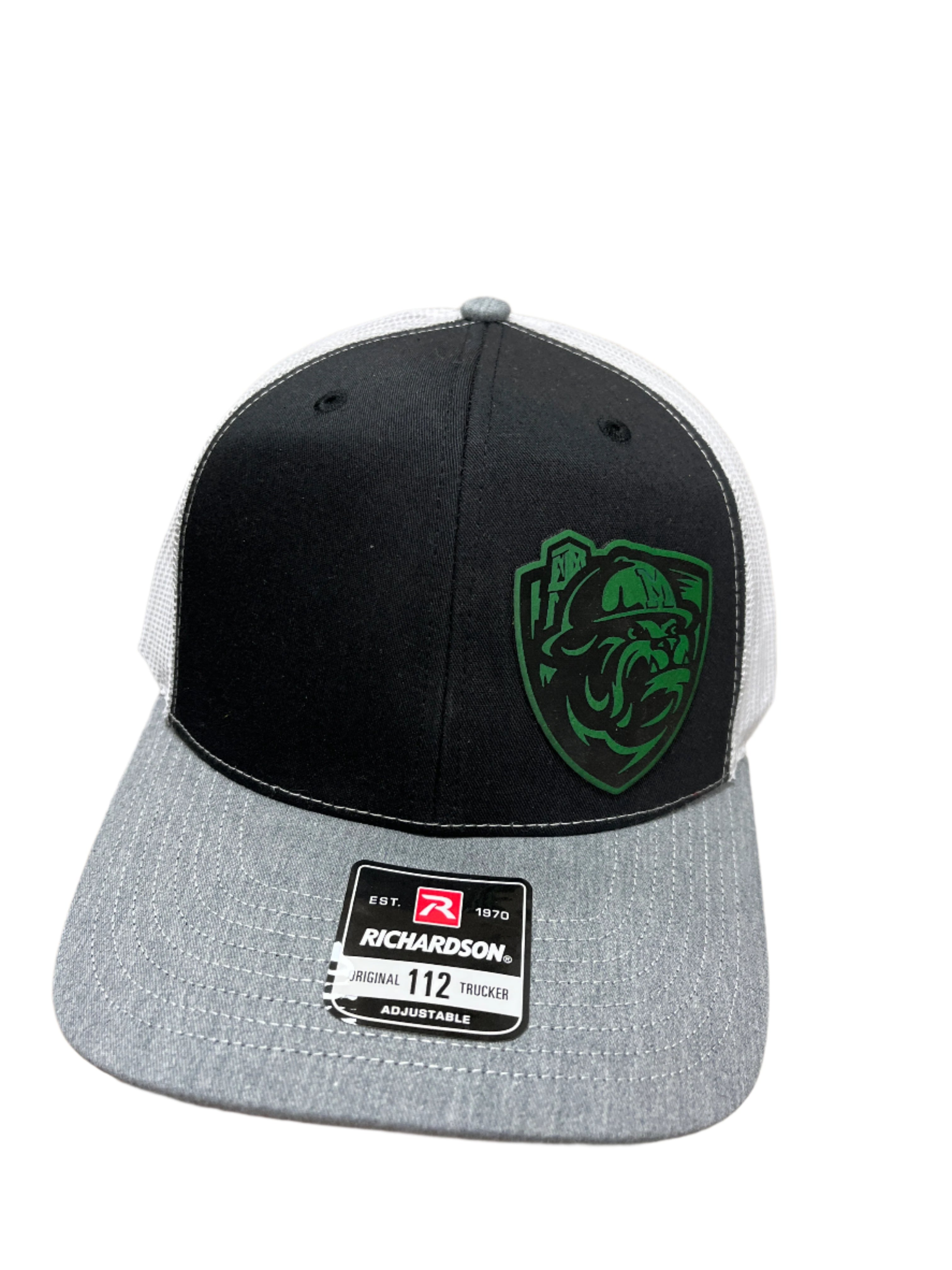 BLACK/WHITE/GREY HAT WITH OFF CENTER GREEN ROUGHER PATCH