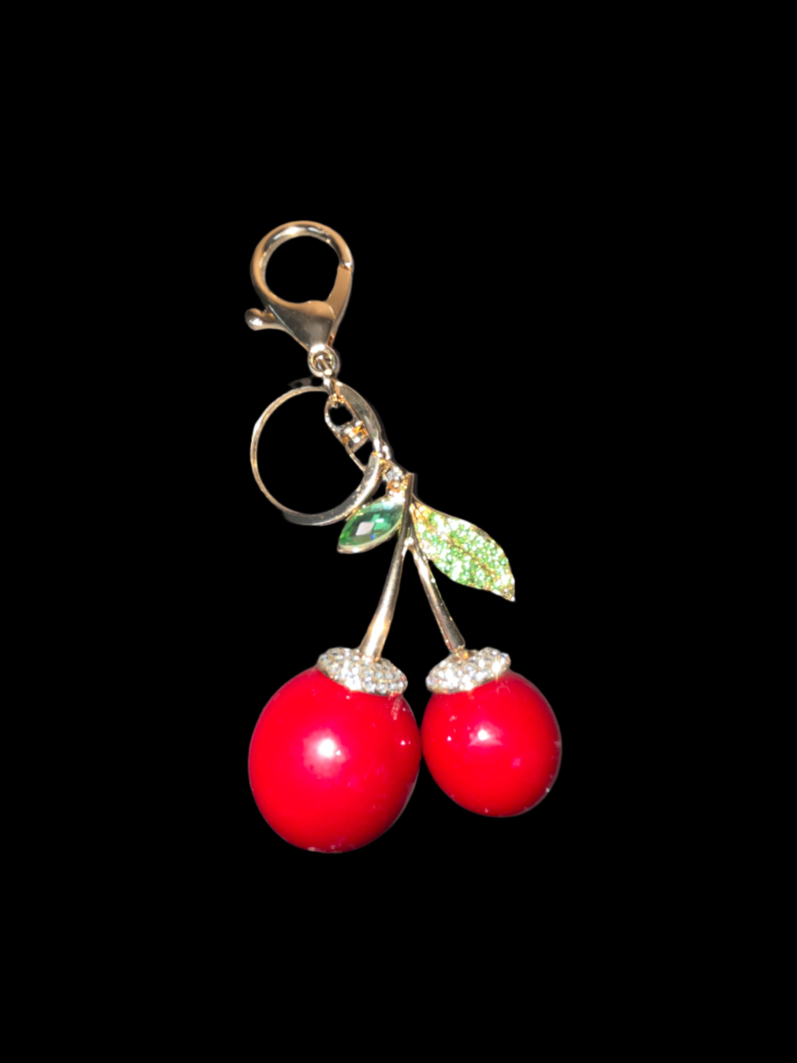 GOLD CHERRY BAG CHARM/KEYCHAIN WITH CRYSTAL EMBELLISHMENTS