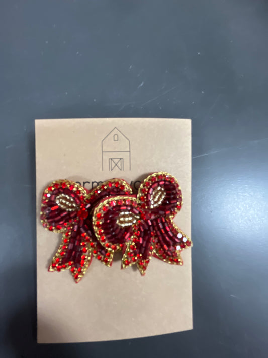 RED CHRISTMAS BOW BEADED EARRINGS