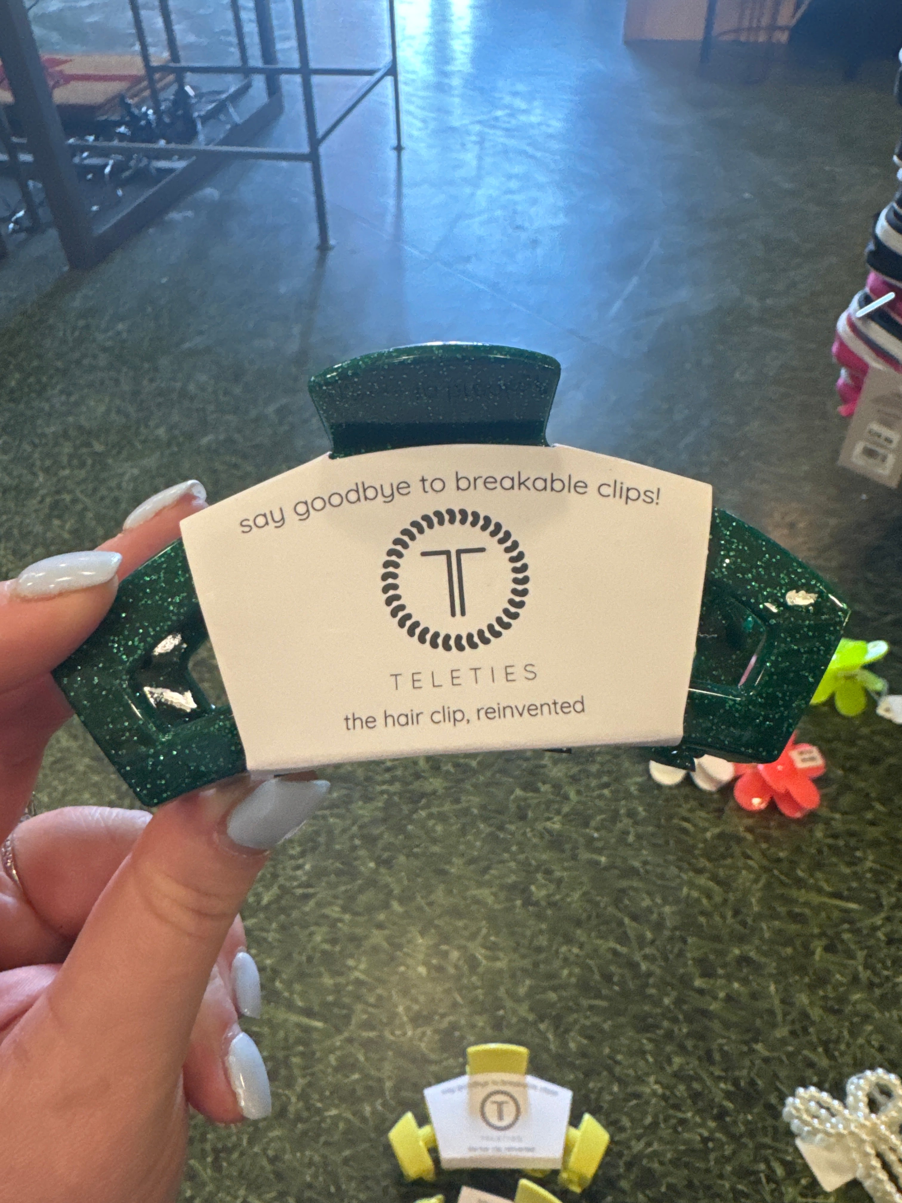 TELETIES OPEN HAIR CLIP - LARGE - GREEN GLITTER