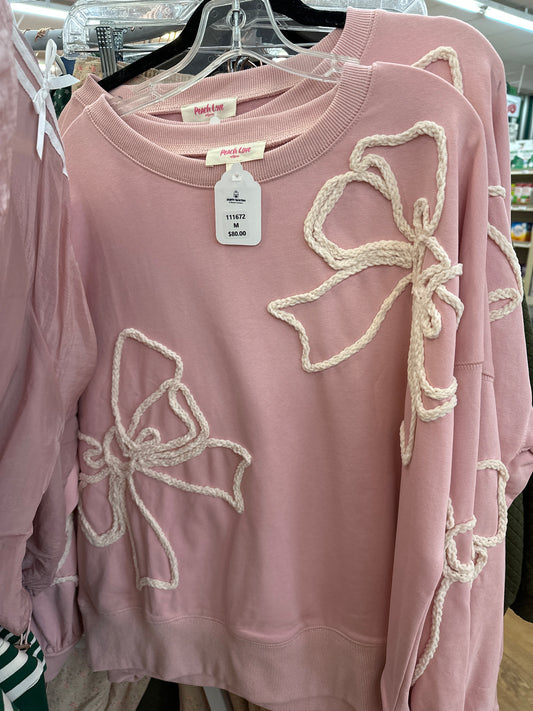 DUSTY PINK SWEATSHIRT W/THREAD BOWS