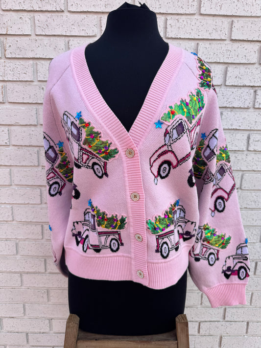 LIGHT PINK TRUCKS CHRISTMAS TREE CARDIGAN