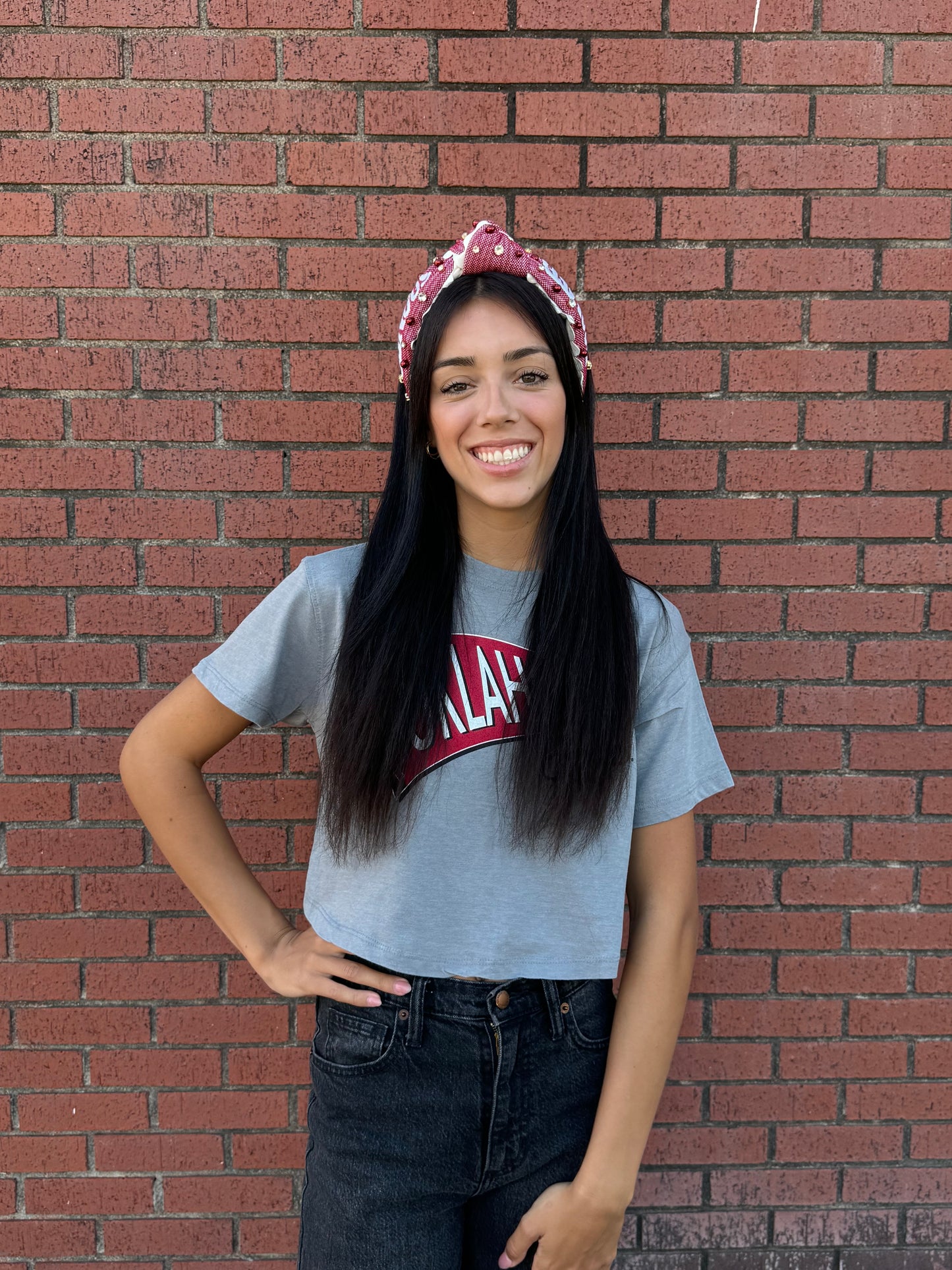 Oklahoma Sooner Grey Pennant Flag Crop Tee