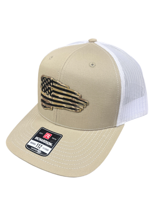TAN & WHITE HAT WITH CAMO FLAG PATCH