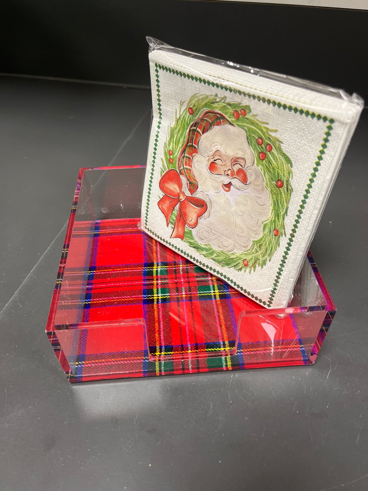 Acrylic Tartan Napkin Holder & Santa Napkins