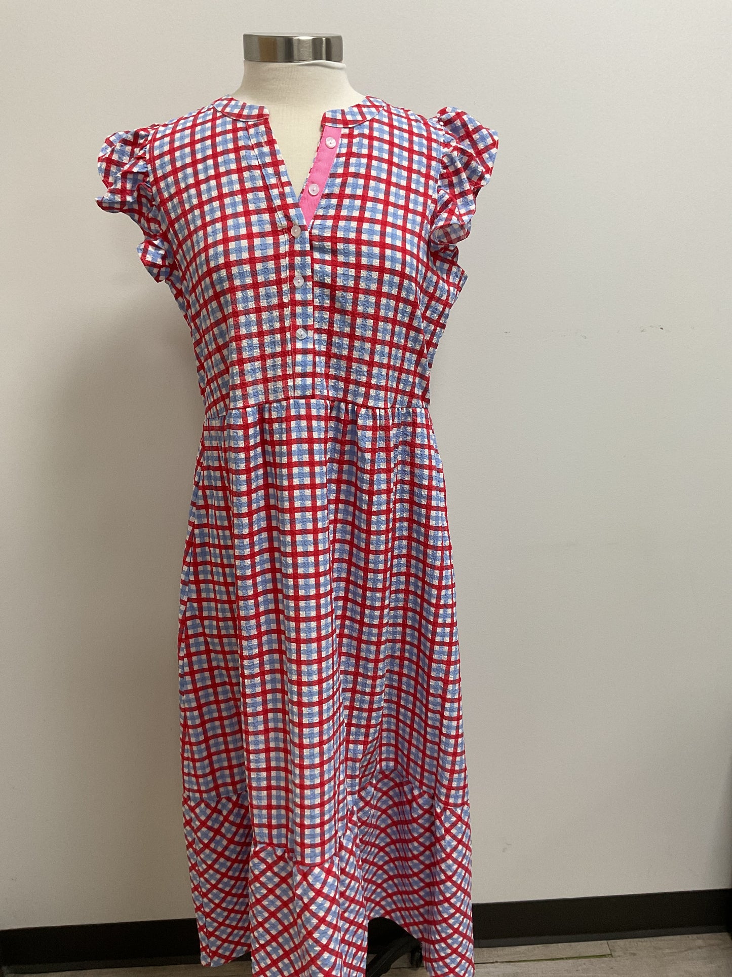 RILEY GINGHAM RED/BLUE MIDI DRESS