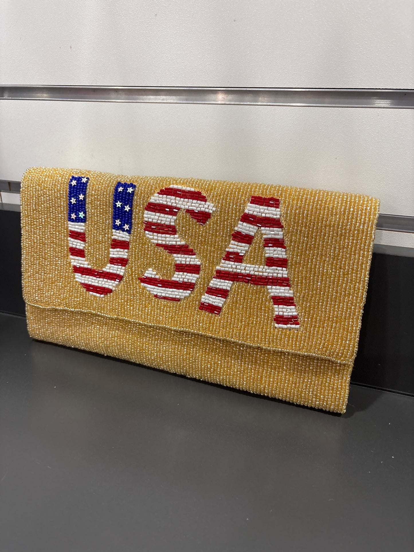 USA Gold Beaded Clutch-Gold