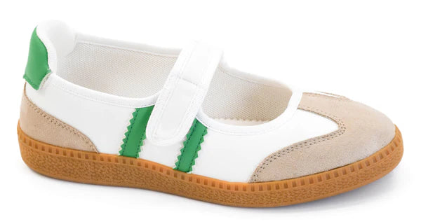 CALM DOWN - WHITE WITH GREEN FAUX SUEDE MARY JANE SNEAKERS