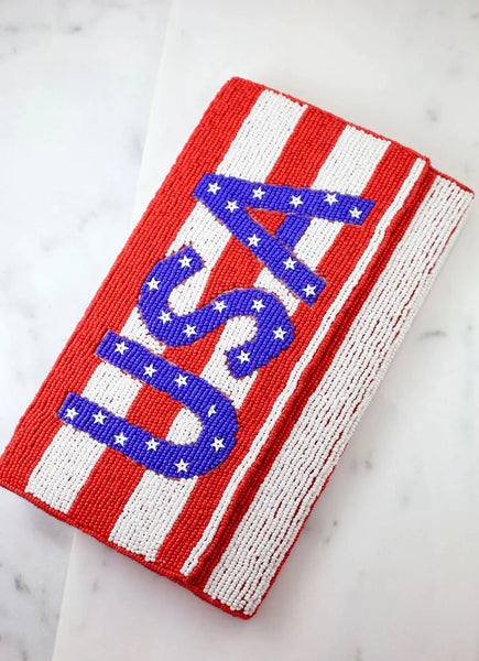 Red and White Striped USA Beaded Clutch