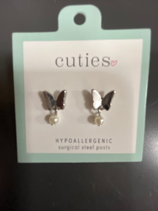 SILVER BUTTERFLIES W/PEARLS EARRINGS