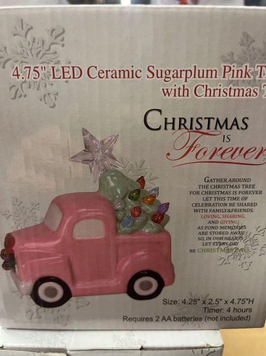 4.75” LED CERAMIC SUGARPLUM PINK TRUCK W/CHRISTMAS TREE