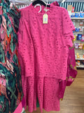 HOT PINK EYELET 2PC PANT SET - S