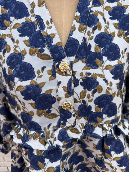 Navy Blue Floral Jacquard Dress