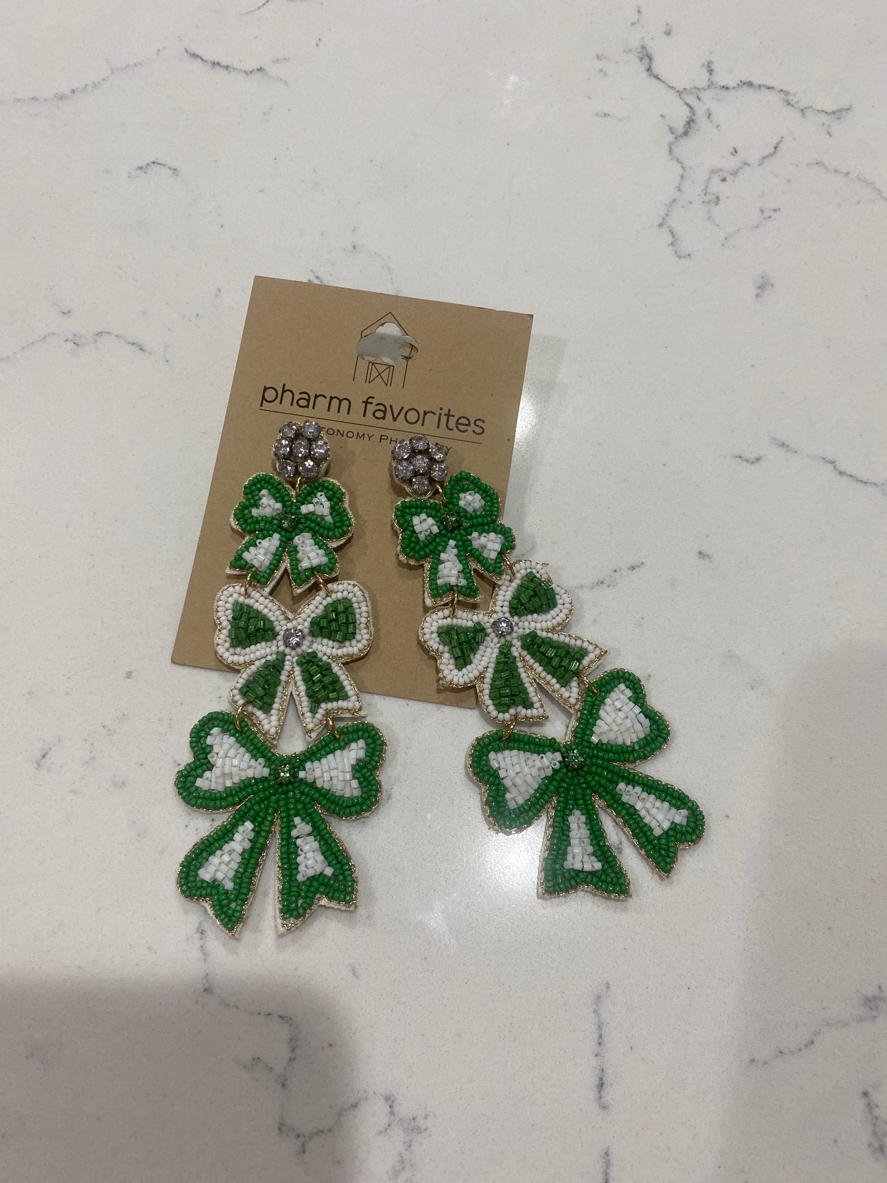 BEADED TRIPLE BOW EARRINGS - GRN/WHT