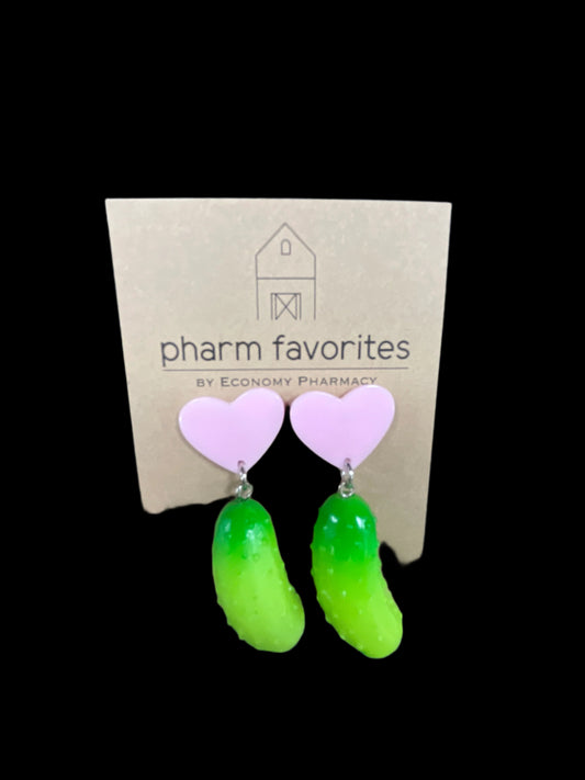 ACRYLIC PINK HEART W/PICKLE EARINGS
