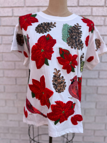 WHITE POINSETTIA AND PINE CONE TEE