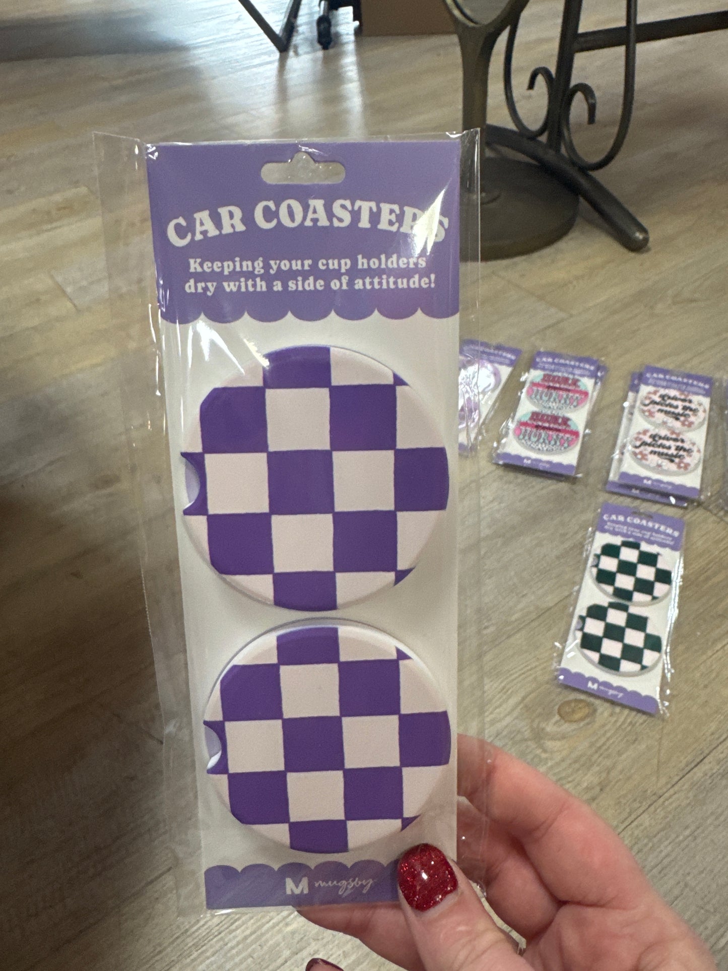 CAR COASTERS - 2PC - CHECKERED PURPLE