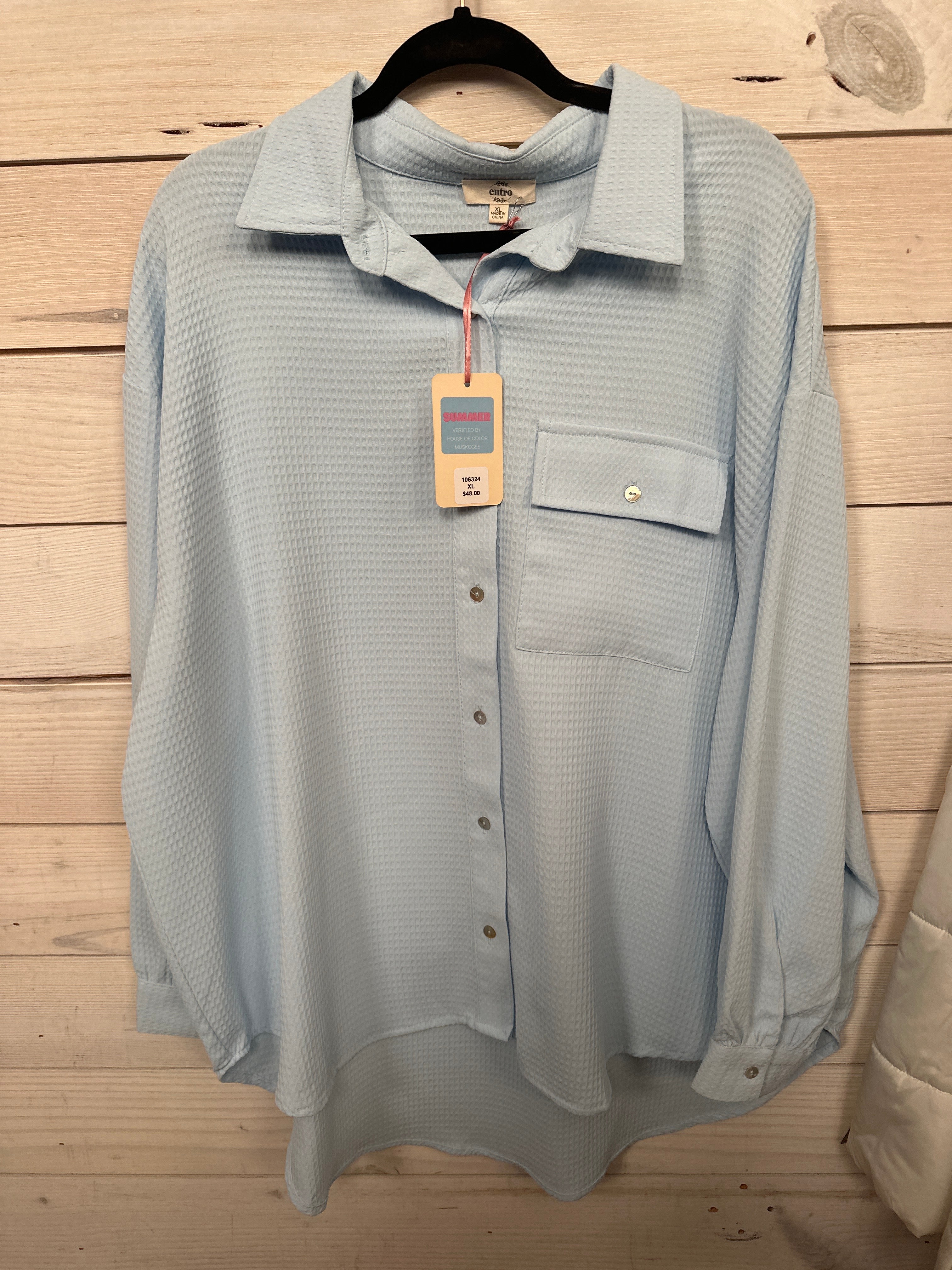 BLUE WAFFLE LONG SLV BLOUSE