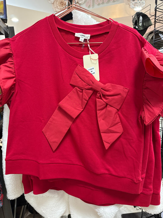 CONTRAST RIBBON RUFFLE SLEEVE TOP - RED - 1X