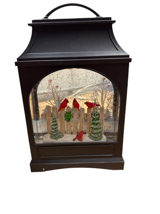 CARDINALS ON FENCE GLITTER LANTERN