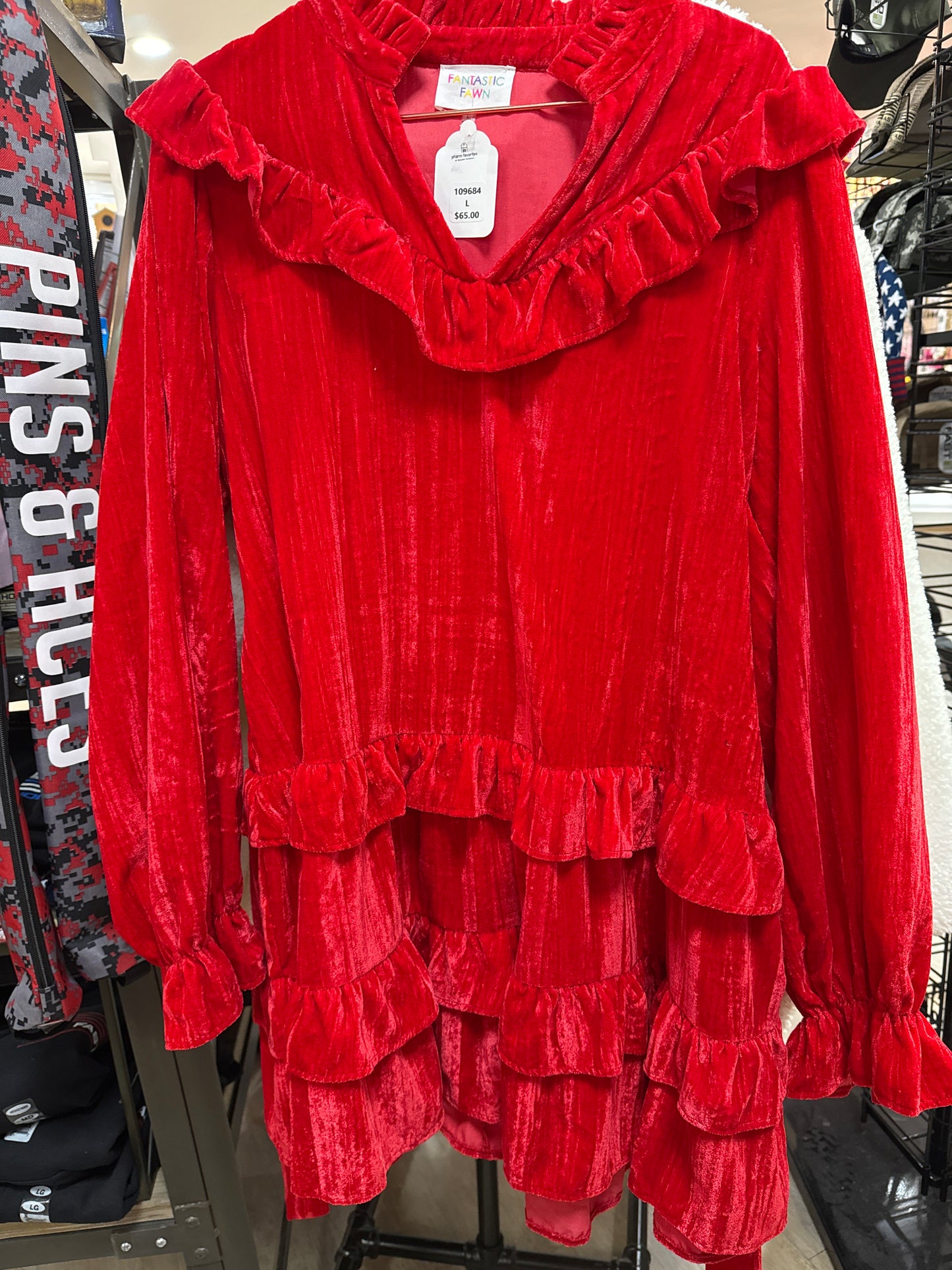 RED VELVET RUFFLE DRESS W/BELT - L