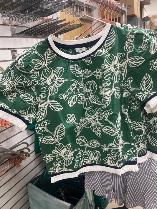 GREEN STRIPED RIB BAND DETAIL FLORAL EMBROIDERED TOP