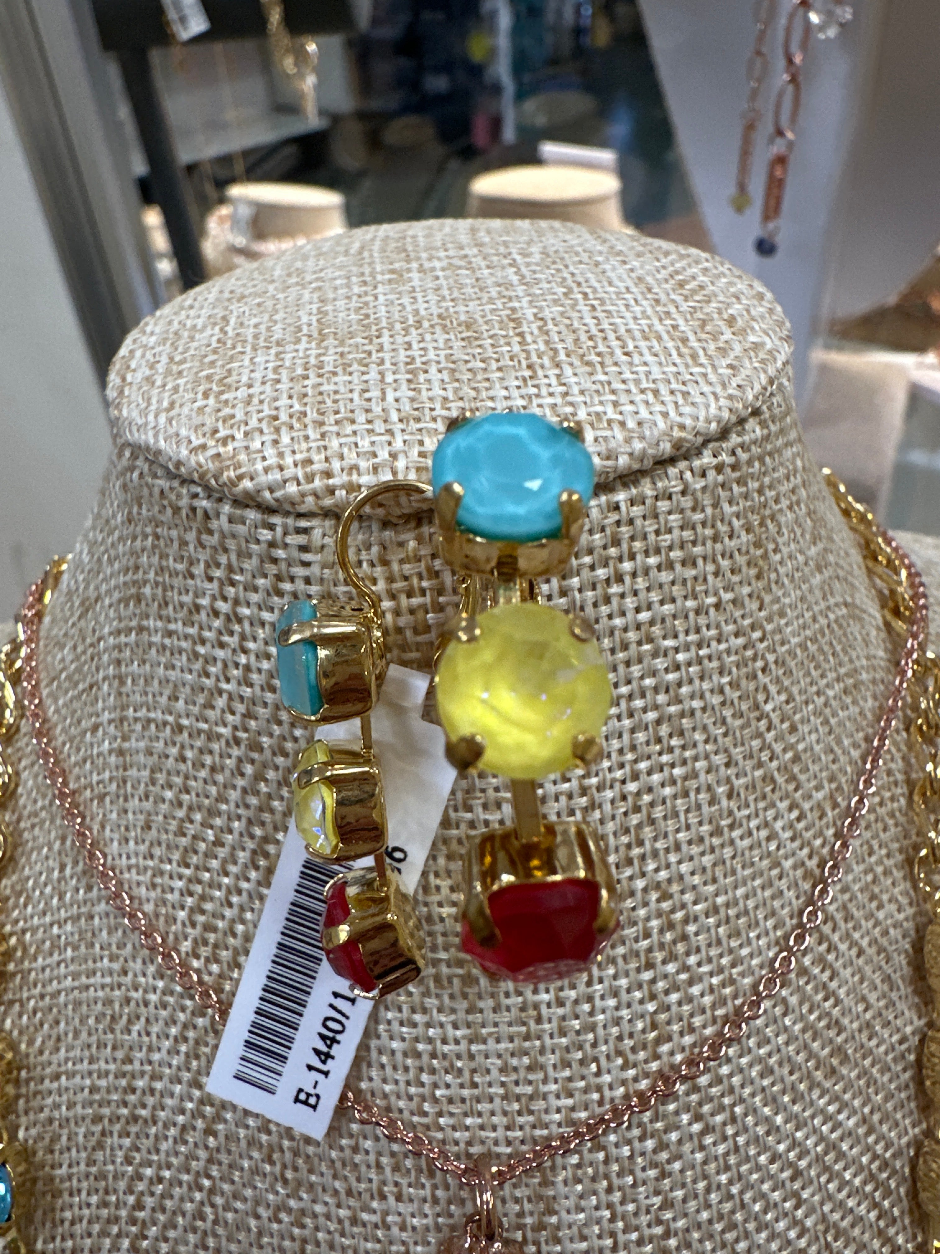 MARIANA YG 3 DROP EARRINGS W/AQUA/YELLOW/RED